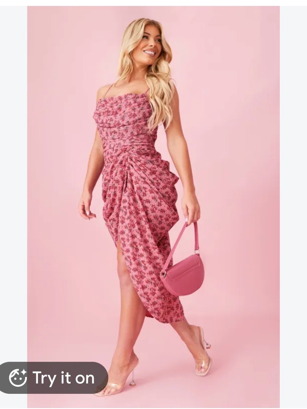 PrettyLittleThing Pink Floral Print Chiffon Ruched Drape Midiaxi Dress Ruched